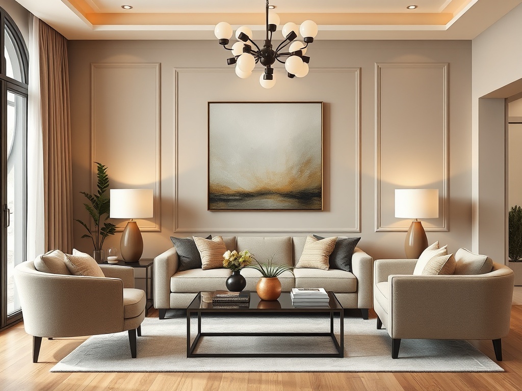 Professional home design and interior decor styling with furniture, artwork, and elegant furnishings