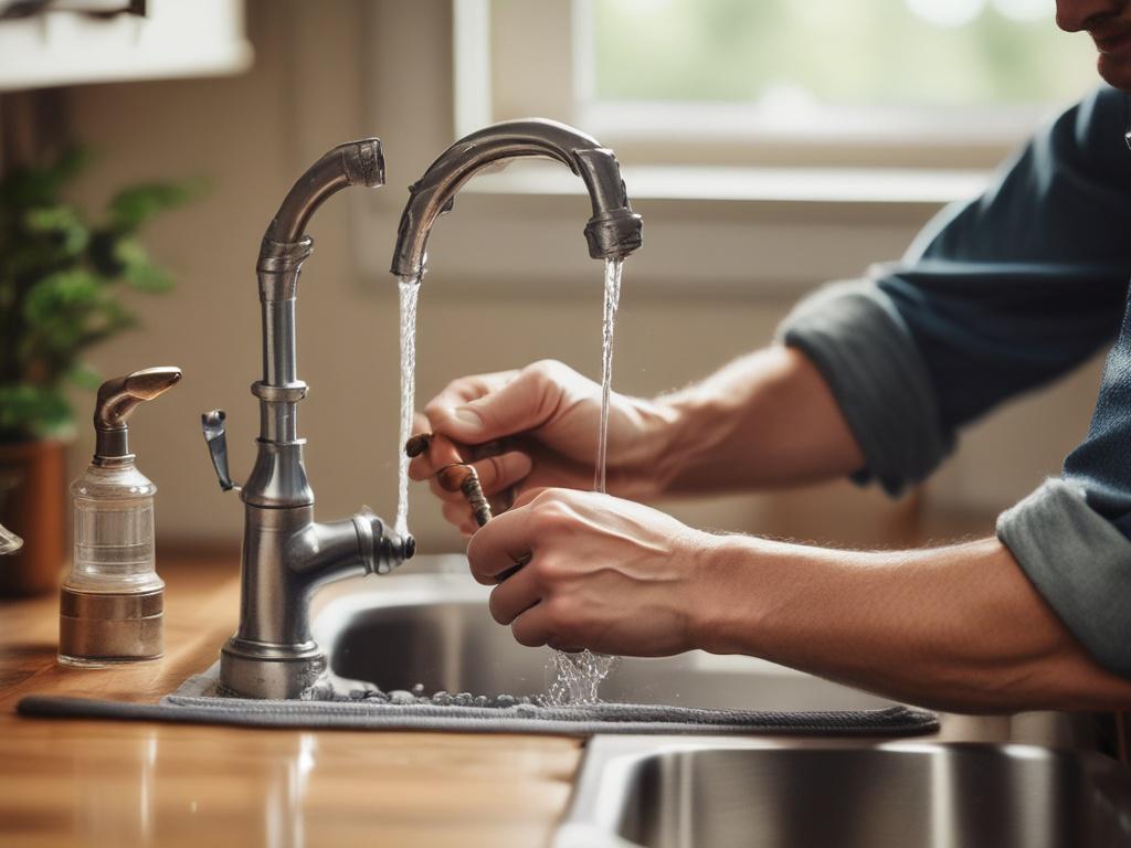 a plumber fixing a leaky faucet in a home kitchen,
