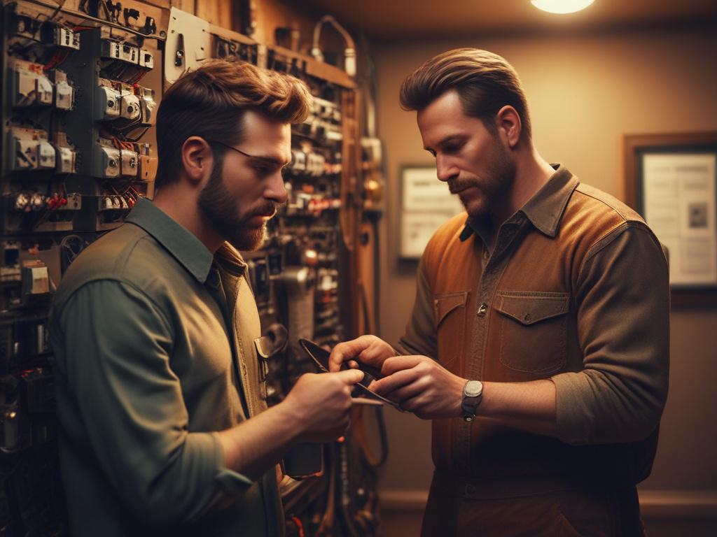 an electrician inspecting a home's electrical panel, focused expression, tools