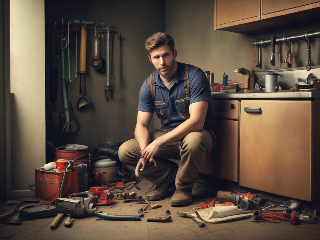 a technician responding to an emergency plumbing situation, focused and