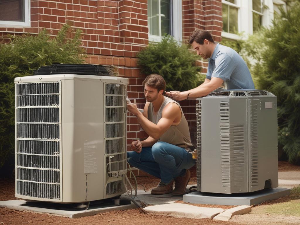 a technician performing HVAC maintenance on an air conditioning unit