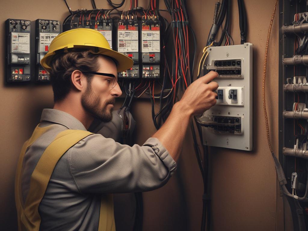 Create a realistic high-resolution photo depicting a licensed electrician performing an electrical safety evaluation in a residential setting. The composition should be simple and clear, featuring only the electrician as the main subject. The electrician, a middle-aged Caucasian male, is focused on inspecting the electrical panel with a multimeter in his hand. He wears a safety helmet, work gloves, and a blue uniform with various tool pockets. 

In the background, show a well-lit, tidy basement with exposed