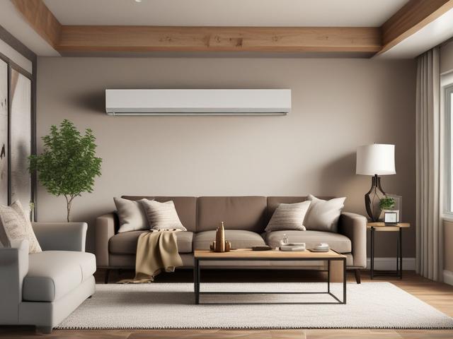 Create a realistic high-resolution photograph featuring a single well-lit ductless mini split indoor air-handling unit installed on a clean, neutral-colored interior wall of a cozy, modern Northeast Arkansas home. The composition is simple and clear, focusing solely on the sleek indoor unit mounted about 7-8 feet high to emphasize optimal air circulation. The setting should evoke a warm, inviting living space with subtle natural light filtering in, showcasing earthy tones and rustic textures complementing t