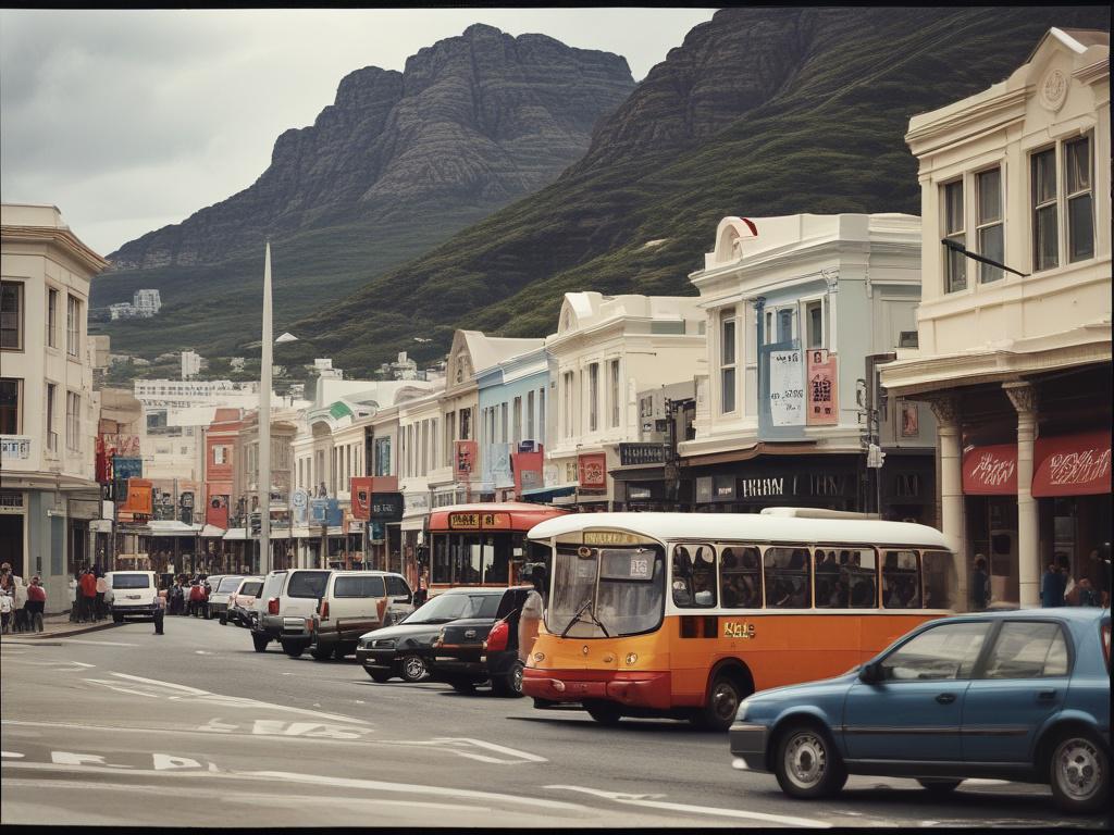 A close-up shot of a bustling Cape Town street, vibrant with activity and life. The image should focus on a single iconic landmark, such as Table Mountain in the background, with the foreground featuring colorful buildings typical of the Cape Town architecture. The shot should be rendered in hyper-realistic detail, capturing the essence of the city. The primary color used in the image should harmonize with rgb(255, 223, 0), enhancing the lively atmosphere of Cape Town.