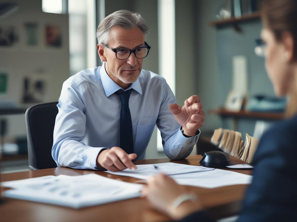 A close-up shot of a financial advisor discussing strategies with a client in a well-lit office. The advisor is gesturing towards financial documents, illustrating a point of interest. The setting should convey professionalism and trust, incorporating the primary color rgb(50, 170, 39) in the decor.