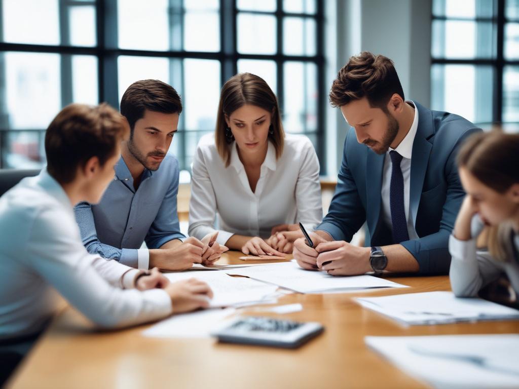 A close-up shot of a team of professionals collaborating over financial reports in a modern workspace. The image should capture the essence of teamwork and efficiency, with a focus on their engagement and interaction. The background should feature elements of a professional office environment, complementing the primary color rgb(50, 170, 39).