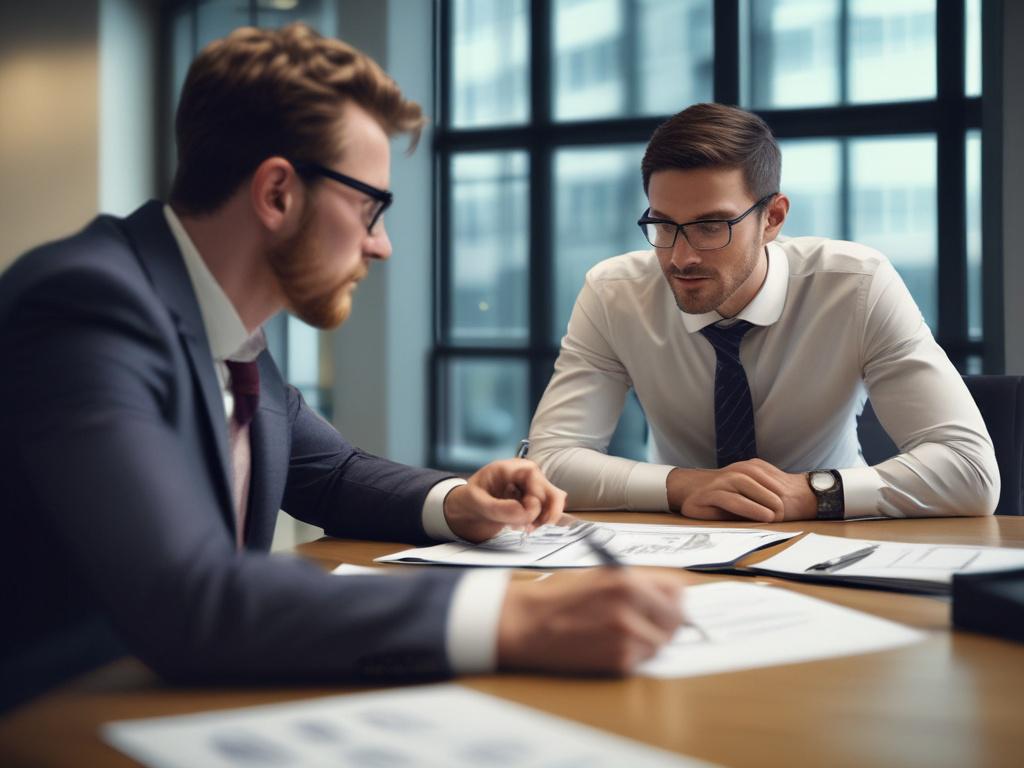 A close-up shot of a financial advisor discussing charts and graphs with a client in a modern office setting. The atmosphere is collaborative and engaging, with strong lighting accentuating the documents on the table. The overall color palette leans towards a vibrant green to symbolize growth and prosperity.