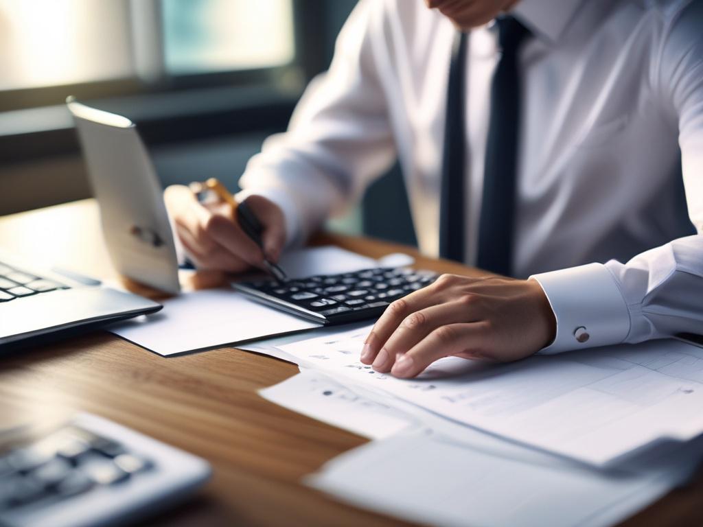A close-up shot of a professional accountant reviewing financial documents on a sleek desk, with a laptop and a calculator in the background. The lighting is bright and focused, highlighting the accountant's engaged expression, conveying professionalism and expertise. The color scheme complements a vibrant green theme, reflecting growth and efficiency.