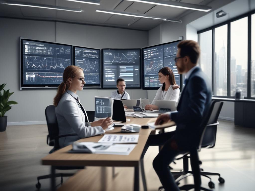 A hyper-realistic close-up shot of a diverse team of professionals collaborating in a modern office environment, showcasing a digital screen displaying financial data and operational metrics. The team appears focused and engaged, reflecting a high-performance atmosphere. The background is sleek and contemporary, emphasizing a cost-efficient global delivery hub, with soft natural lighting that enhances the professional ambiance.