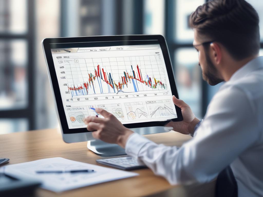 A close-up shot of a corporate finance consultant analyzing financial charts and graphs on a tablet. The setting is modern and professional, with a blurred office environment in the background, highlighting the consultant's focus and expertise.