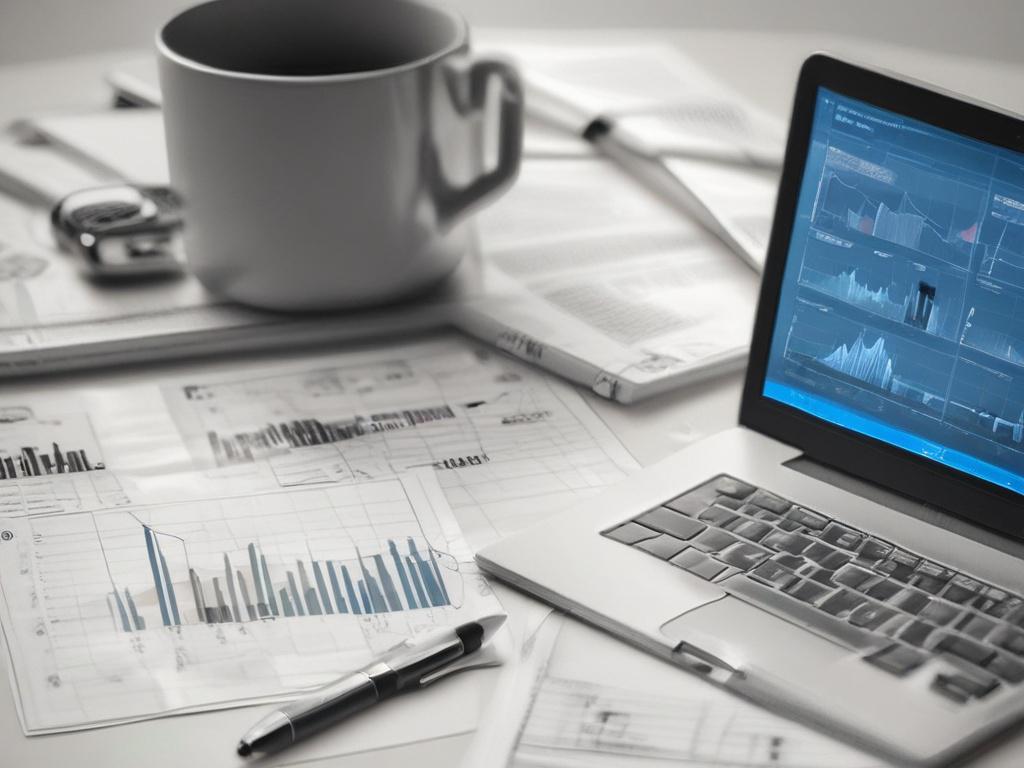 **Prompt for AI Image Generator:**

Create a realistic high-resolution photograph focusing on a single subject that represents streamlined financial reporting processes. The main subject should be a focused close-up shot of a professional accountant or financial analyst, intently reviewing detailed financial reports on a laptop. The subject should be depicted in a modern office setting, surrounded by neatly organized paperwork, a calculator, and a large mug of coffee. 

The background should be softly blurr