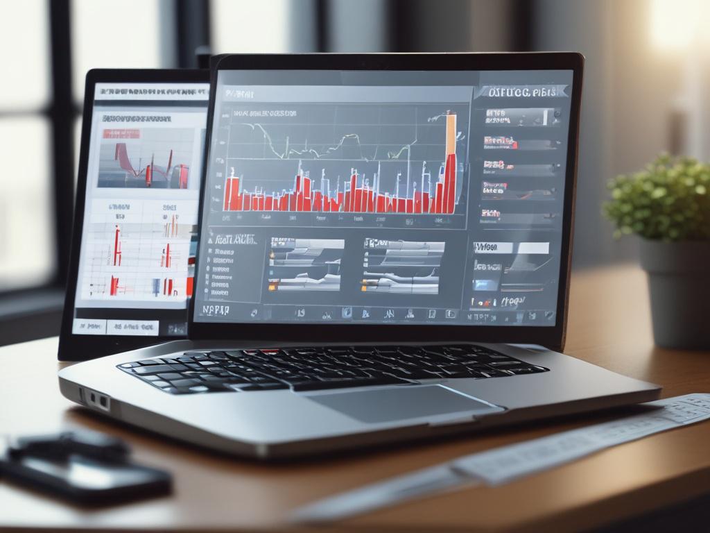 A close-up shot of a modern office workspace featuring a sleek laptop displaying financial graphs and charts. The background should be softly blurred to emphasize the laptop and its screen. The color scheme should incorporate the primary color rgb(50, 170, 39) subtly in the office decor, such as a plant or an accent wall. The image should be rendered in hyper-realistic style, with a focus on clarity and detail, shot with a 45mm f/1.2 lens.