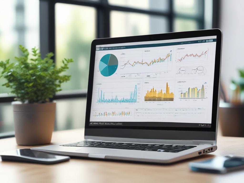 A close-up shot of a laptop screen displaying a payment management dashboard with graphs and charts. The setting is a modern office environment with a potted plant in the background. The focus is on the dashboard elements, conveying efficiency and organization in financial management.