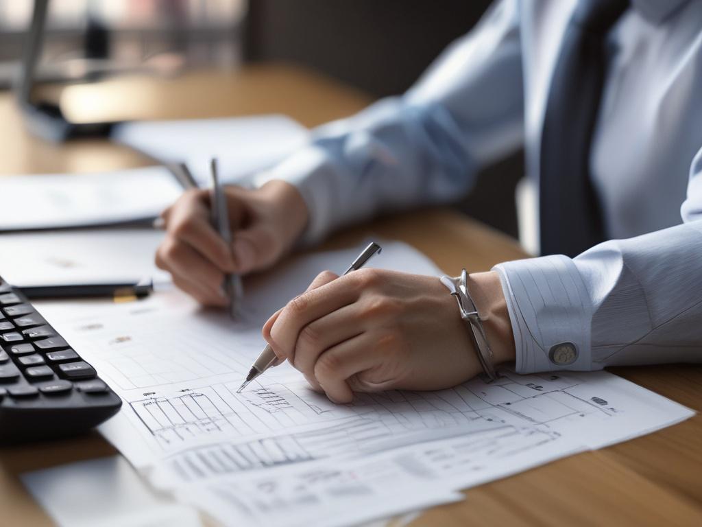 A close-up shot of a financial analyst reviewing documents with charts and graphs on a sleek desk. The atmosphere is professional and focused, with a soft-lit background that enhances the importance of strategic financial planning. The image captures a moment of analysis, reflecting diligence and expertise.