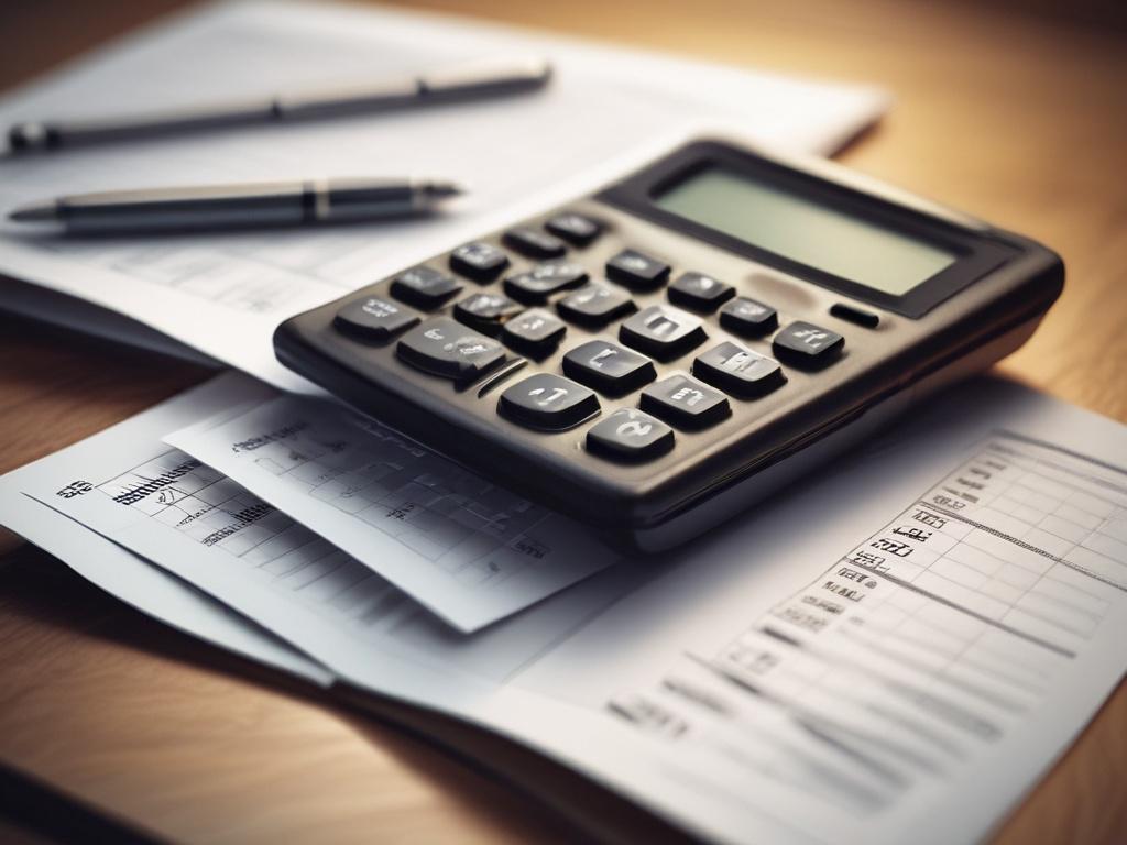 A close-up shot of a financial report on a wooden desk, with a calculator and pen beside it, captured in hyper-realistic detail. The lighting is warm, highlighting the textures of the paper and wood, with a soft focus on the background.