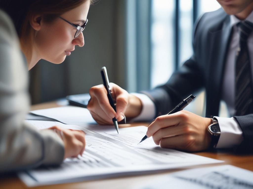 A hyper-realistic close-up of a corporate finance analyst reviewing documents, with a calculator and financial charts in the background. The lighting is bright and professional, capturing the seriousness of the financial analysis.