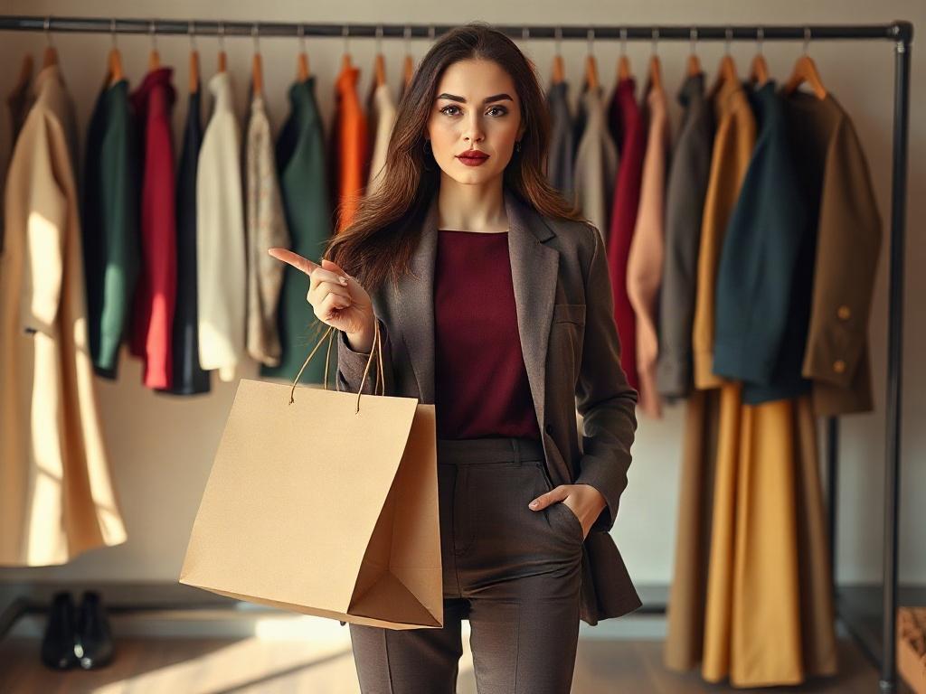 **AI Image Generation Prompt:**

Create a realistic high-resolution photo that captures the essence of a stylish fall shopping experience. The image should feature a stylish female stylist standing in a well-organized, chic boutique. She is the sole subject of the image, exuding confidence and a keen sense of fashion. 

The stylist is positioned in the center of the frame, holding a stylish shopping bag in one hand, while the other hand gestures toward a carefully curated display of clothing rack in the bac