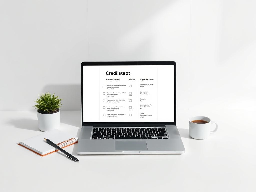 A realistic high-resolution photo of a professional workspace featuring a sleek laptop open to a business credit checklist, surrounded by a notepad, a cup of coffee, and a plant. The background is minimalistic with clean lines and soft colors, emphasizing a focused and productive atmosphere. The composition highlights the laptop as the central subject, with the other elements subtly placed to create a sense of balance.