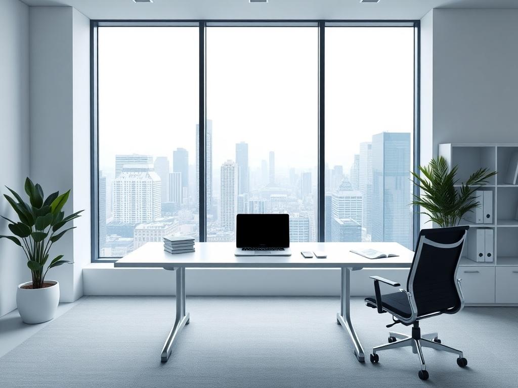 A modern office space with a clean, minimalistic design featuring a single desk with a laptop and business documents. The background shows a large window with a view of a city skyline, emphasizing a professional and inviting atmosphere. The colors are simple, with a focus on blue and white tones, creating a calm and productive environment.