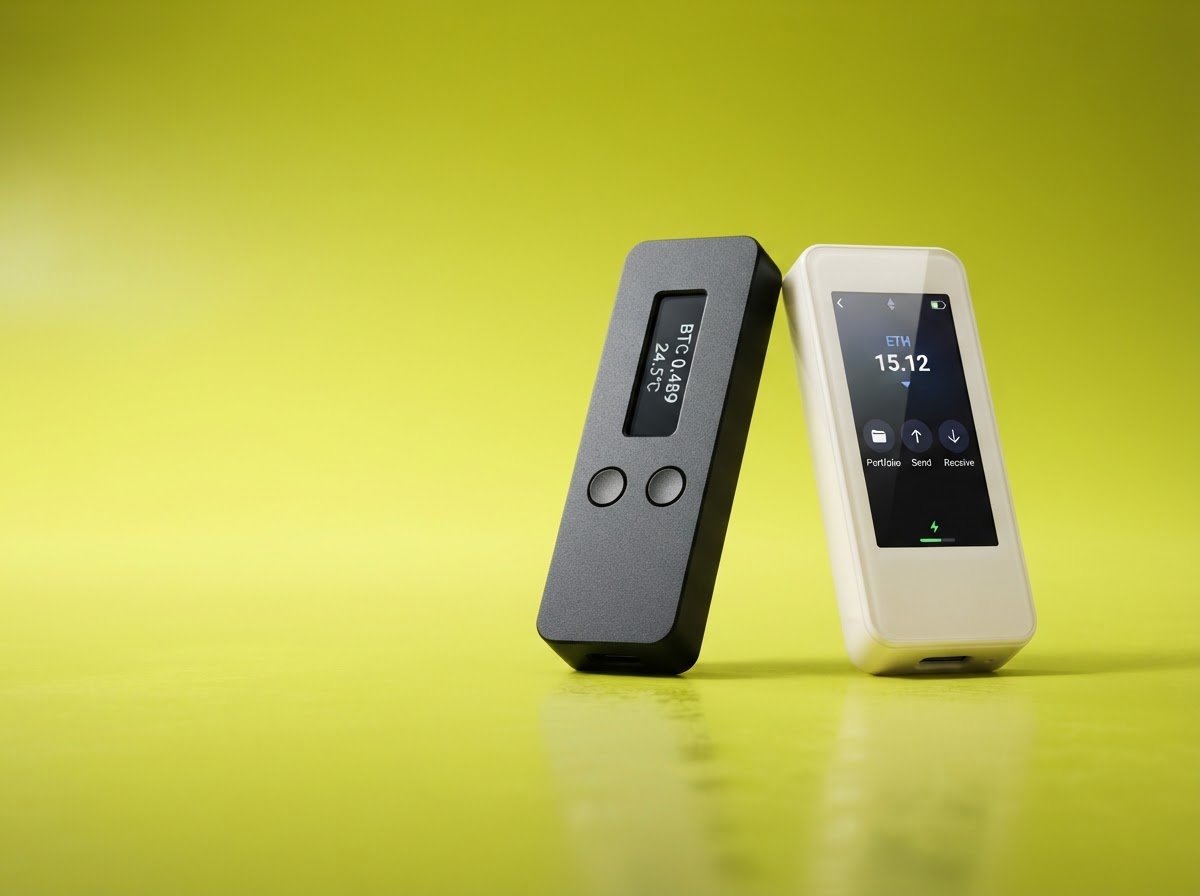 Two sleek Trezor-inspired hardware wallets in charcoal and ivory