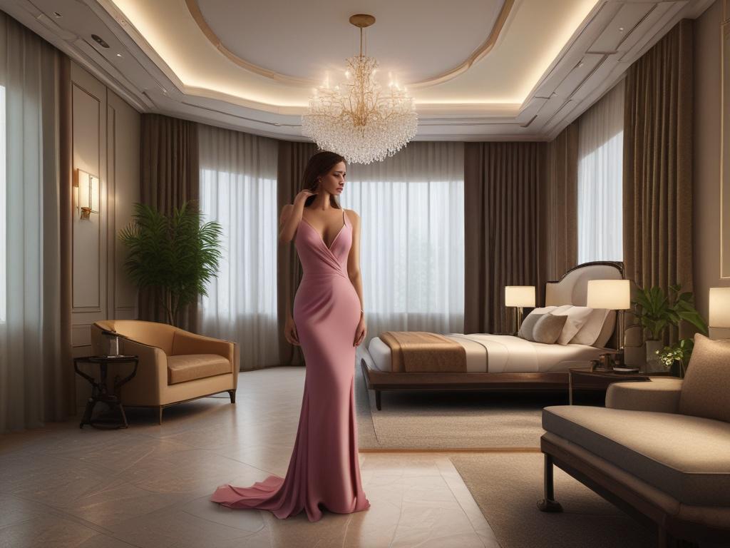 A stunning, glamorous escort standing confidently in a luxurious hotel