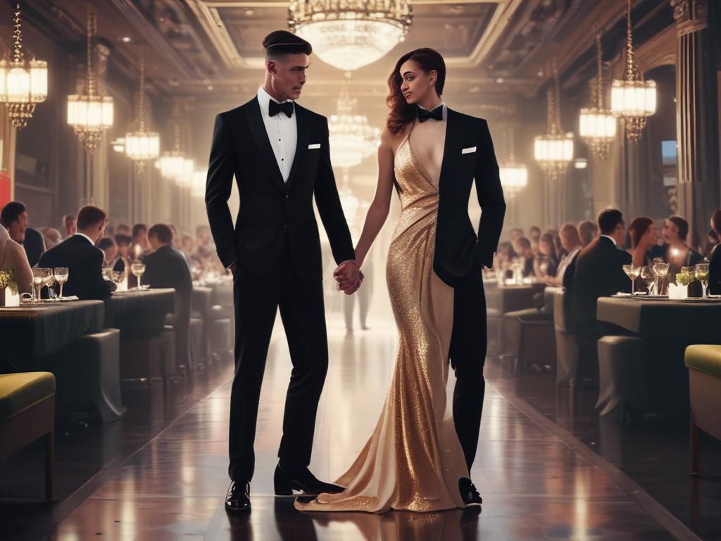 A stylish couple at an upscale event, with the woman