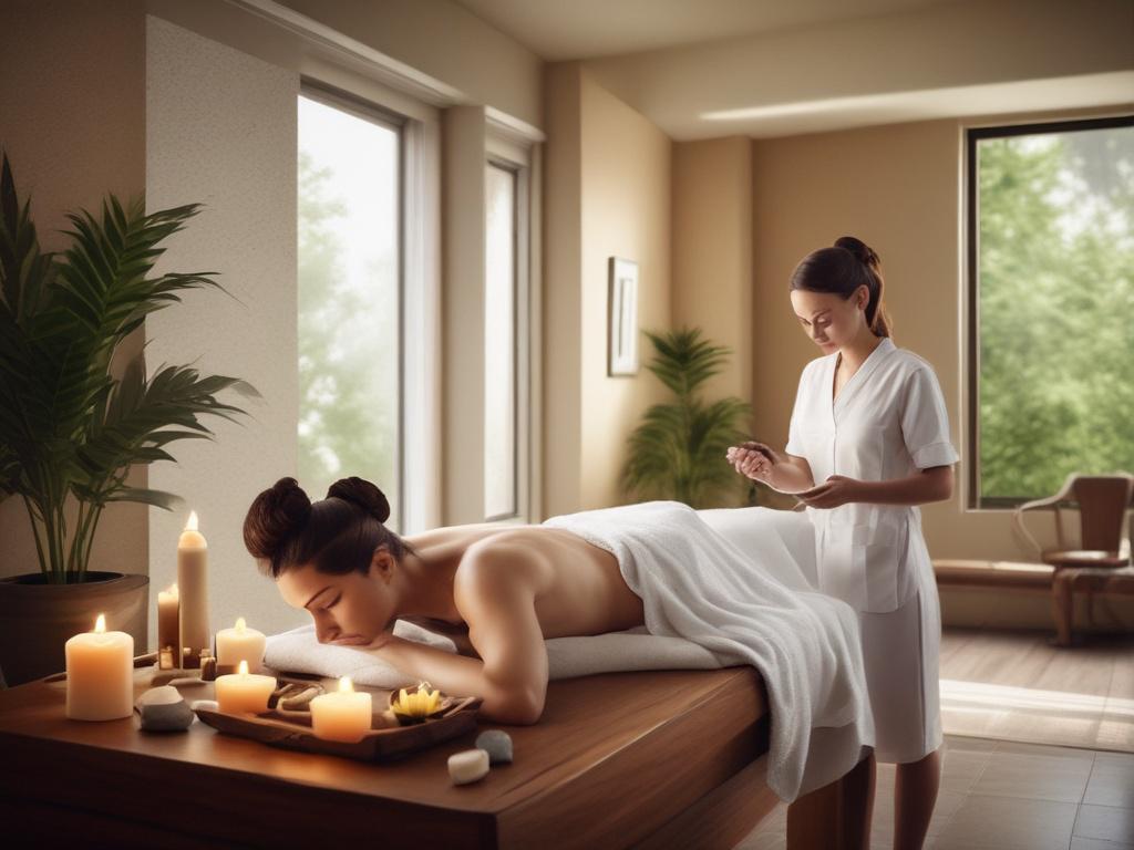 A serene spa setting with a tranquil atmosphere, featuring soft