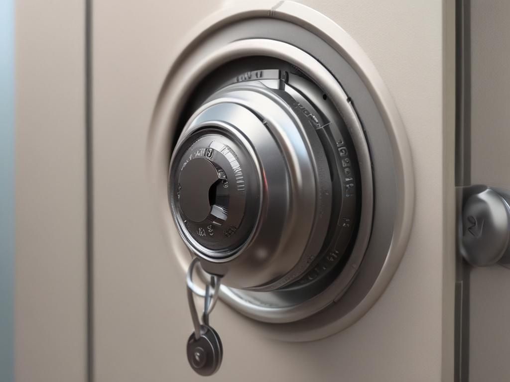 A hyper-realistic close-up shot of a secure digital lock symbolizing data protection, shot with a 45mm f/1.2 lens. The background is a blurred office environment, with soft, natural lighting enhancing the focus on the lock. The color scheme features shades of green, particularly rgb(50, 170, 39), to create a sense of security and trust.