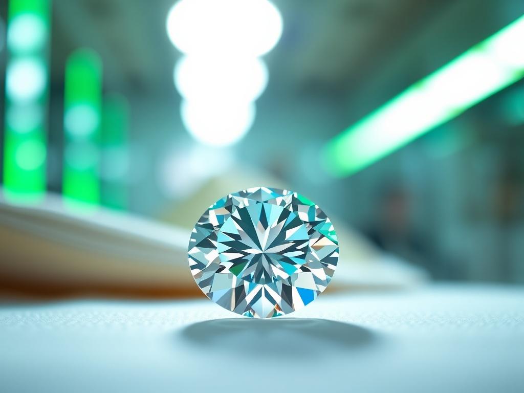 A close-up shot of a diamond under a bright light, showcasing its clarity and brilliance. The diamond is placed on a soft, reflective surface that enhances its shine. The background is softly blurred to focus on the diamond, highlighting the details of its cut and facets. The image should evoke a sense of luxury and precision, with vibrant green accents in the lighting to complement the diamond's sparkle.