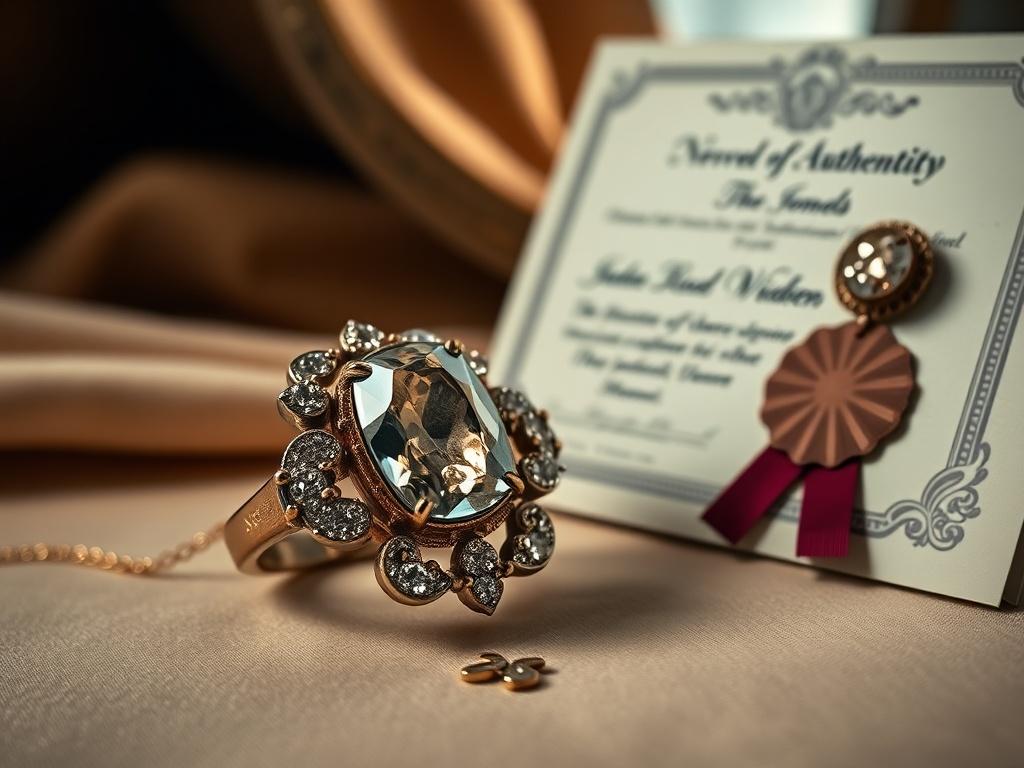 A beautifully lit antique jewelry piece displayed in a luxurious setting, with a certificate of authenticity beside it. The focus is on the intricate details of the jewelry, showcasing its craftsmanship. The background features soft, elegant textures that complement the elegance of the jewelry, creating an atmosphere of prestige and trust. The image should highlight the importance of authenticity in the world of rare gems.