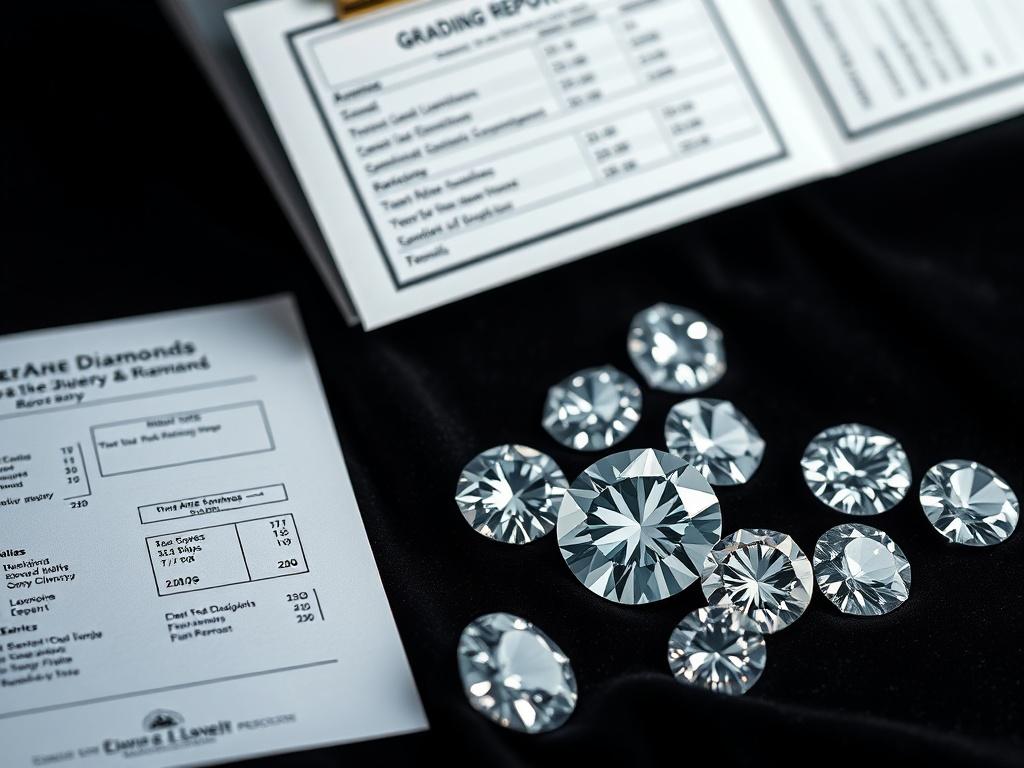 An elegantly designed grading report displayed alongside several graded diamonds. The report is open, showcasing clear, organized information about the diamonds' qualities. The diamonds are arranged artistically on a dark velvet background, enhancing their brilliance. The image should convey professionalism and clarity, emphasizing the importance of detailed grading in assessing diamond value.