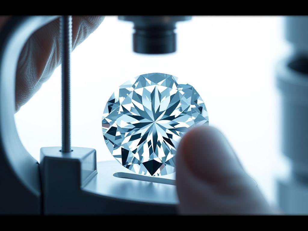 A close-up shot of a sparkling diamond being graded by a gemologist, with a bright, clear background highlighting the gem's brilliance. The scene should capture the intricacies of the grading process, showcasing tools and equipment used in gemology, while maintaining a focus on the diamond's facets and clarity.
