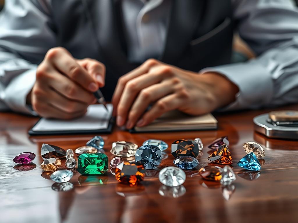 A close-up of a certified appraiser examining a collection of rare gemstones on a polished table, with a notepad and measuring tools in the background. The image should capture the focus and professionalism of the appraisal process, highlighting the beauty of the stones being evaluated.