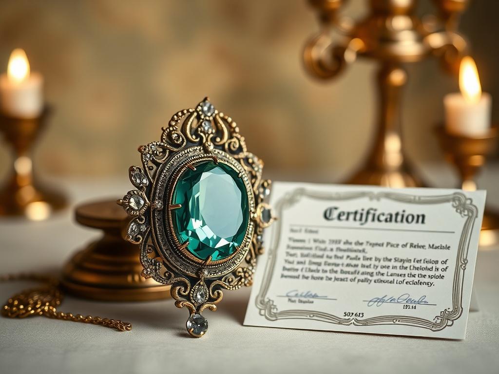 A high-resolution image of a beautifully displayed antique piece of jewelry, set against an elegant backdrop, with a certification document subtly placed beside it. The focus should be on the intricate details of the jewelry, with soft lighting to enhance its beauty and craftsmanship.
