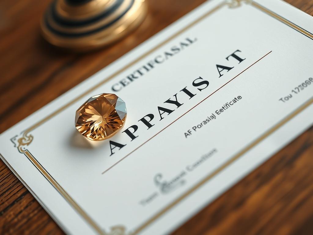 A close-up shot of an appraisal certificate resting on a wooden desk, with a beautiful gemstone beside it. The image should be hyper-realistic, showcasing the certificate's details and the gemstone's brilliance. The composition should be clean and professional, emphasizing the importance of trust and integrity in the appraisal process.