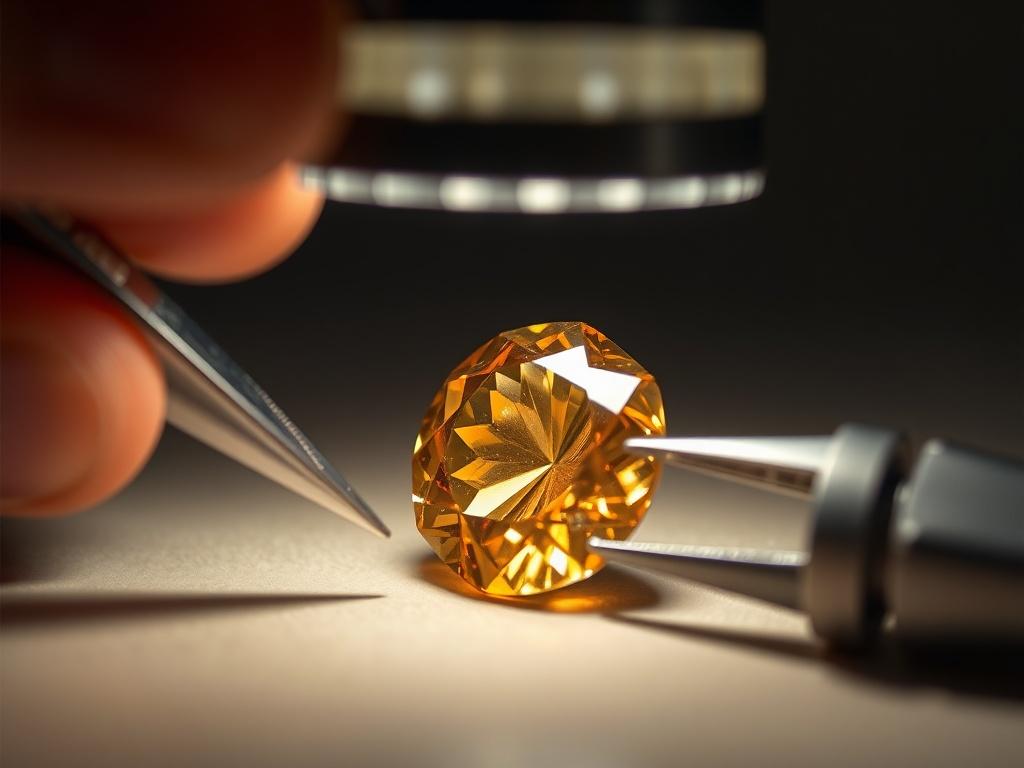 A hyper-realistic close-up of an antique gemstone being examined under specialized lighting, highlighting its intricate details and authenticity. The background should be simple to keep the focus on the gemstone and the tools used for authentication. The image should convey a sense of professionalism and expertise in gemology.