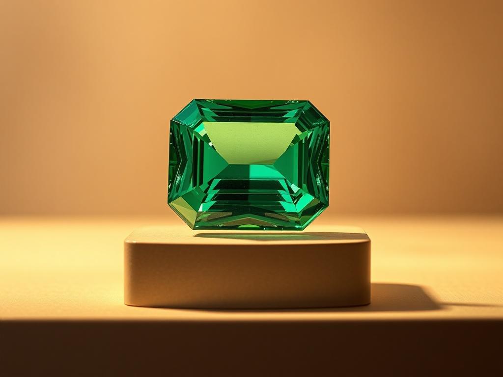 Generate a realistic, high-resolution image that captures the essence of "Value Assessment." The composition should feature a single subject: a beautifully crafted gemstone displayed on a simple, elegant pedestal. The gemstone should be a vivid emerald, showcasing its stunning color and intricate cut, reflecting light gracefully to emphasize its brilliance.

In the background, use a softly blurred, neutral tone that complements the vibrant green of the gemstone, ensuring the focus remains primarily on the g