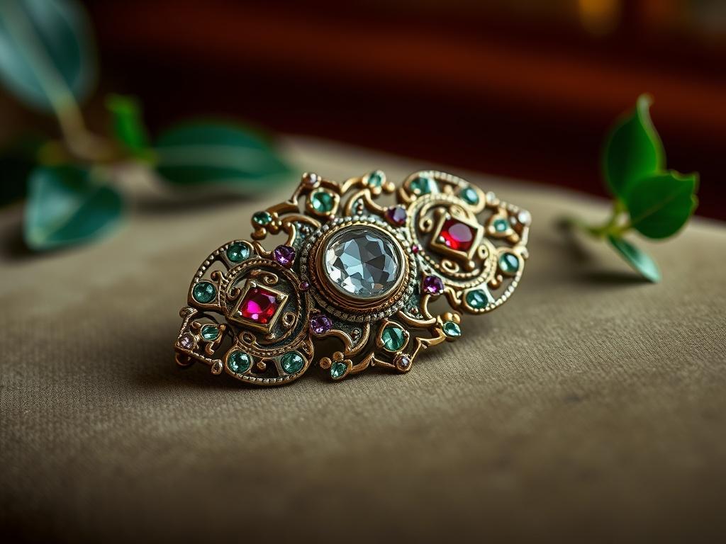A close-up shot of an exquisite antique brooch displayed on a simple, elegant velvet background. The brooch features intricate designs and colorful gemstones, showcasing the craftsmanship of a bygone era. The lighting highlights the details and textures, creating a rich, luxurious feel. The background should be softly blurred to keep the focus on the antique piece, with a hint of greenery subtly reflected in the background to complement the primary color rgb(50, 170, 39). Shot with a 45mm f/1.2 lens for a h