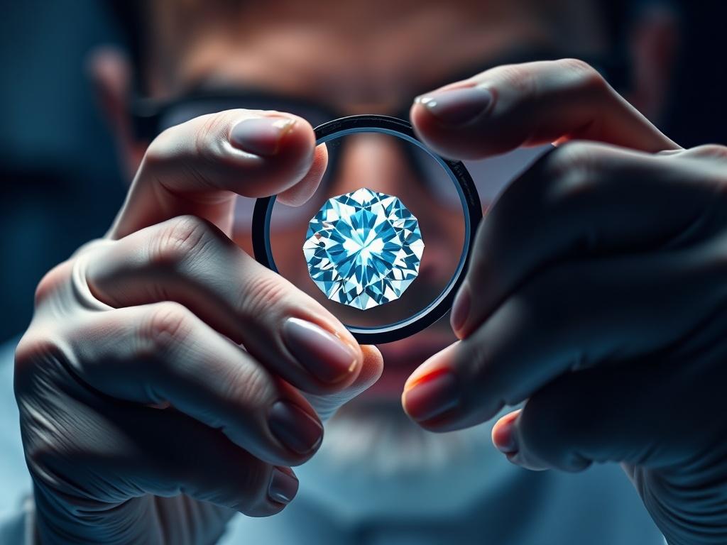 A close-up shot of a gemologist examining a sparkling diamond under bright lighting. The focus is on the gemologist's hands holding a magnifying loupe, with the diamond clearly visible in the foreground. The background is softly blurred to emphasize the intricacy of the diamond's facets. The overall color palette includes shades of deep blue (#062767) to complement the gem and create a professional atmosphere.