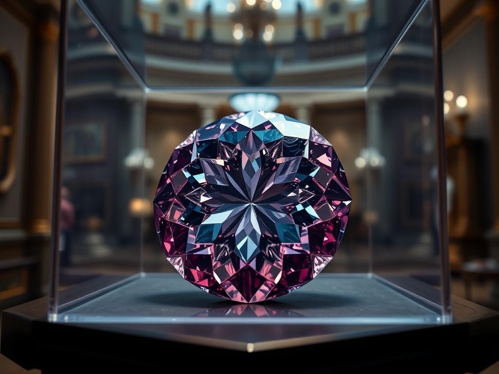 A stunning rare gem displayed in a museum setting, surrounded by elegant lighting and a clear protective case. The gem is the sole focus, with intricate details visible, emphasizing its rarity and beauty. The background features museum-style decor, subtly enhancing the significance of the gem. This image conveys a sense of history and prestige, highlighting the importance of expert authentication.