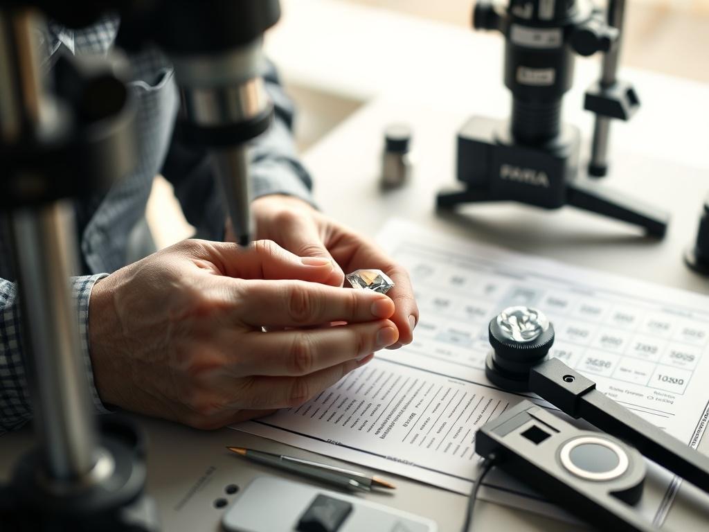 An expert gemologist grading a diamond on a specialized grading table with tools and equipment. The focus is on the gemologist's hands as they examine the diamond, with the grading report partially visible. The background is softly blurred to keep attention on the grading process. The image captures a sense of professionalism and meticulous attention to detail, showcasing the tools used for diamond evaluation.