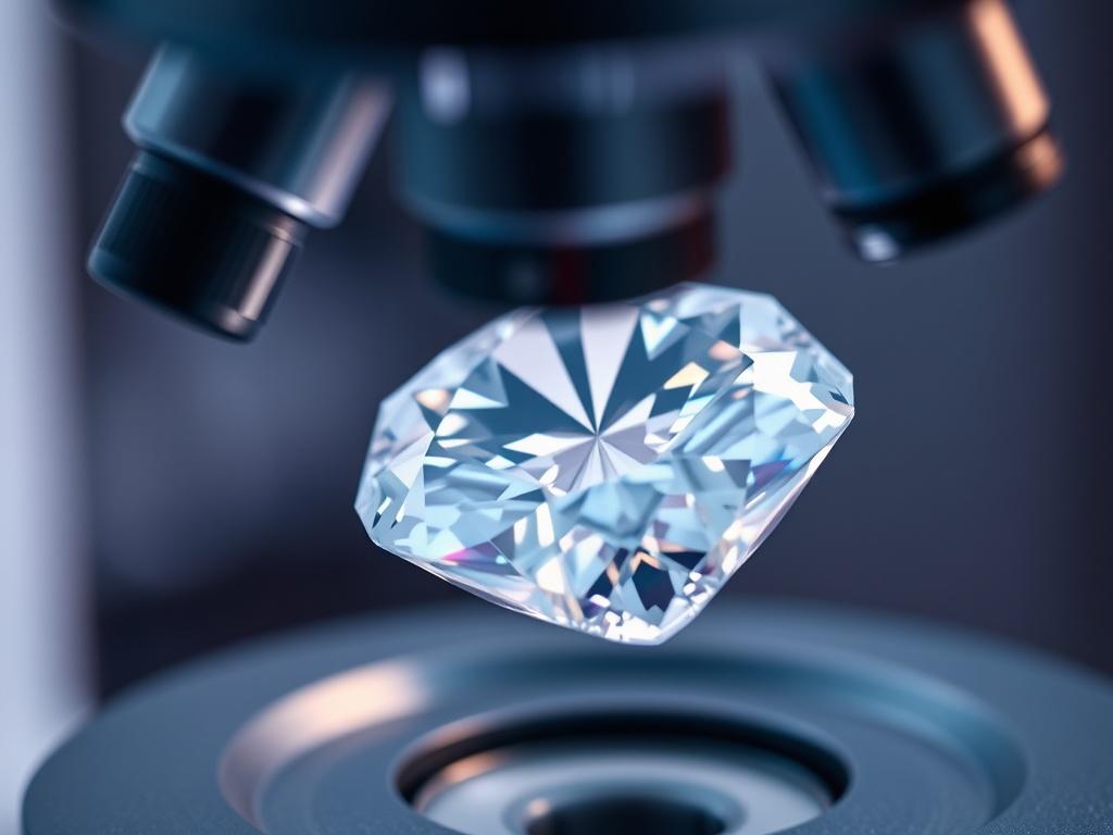A close-up shot of a lab-grown diamond under a microscope, showcasing its unique crystalline structure and clarity. The diamond is the only subject in the image, with a soft-focus background that highlights the brilliance of the gem. The lighting emphasizes the facets of the diamond, creating a shimmering effect. The color tone is vibrant yet natural, and the image should evoke a sense of precision and scientific expertise.