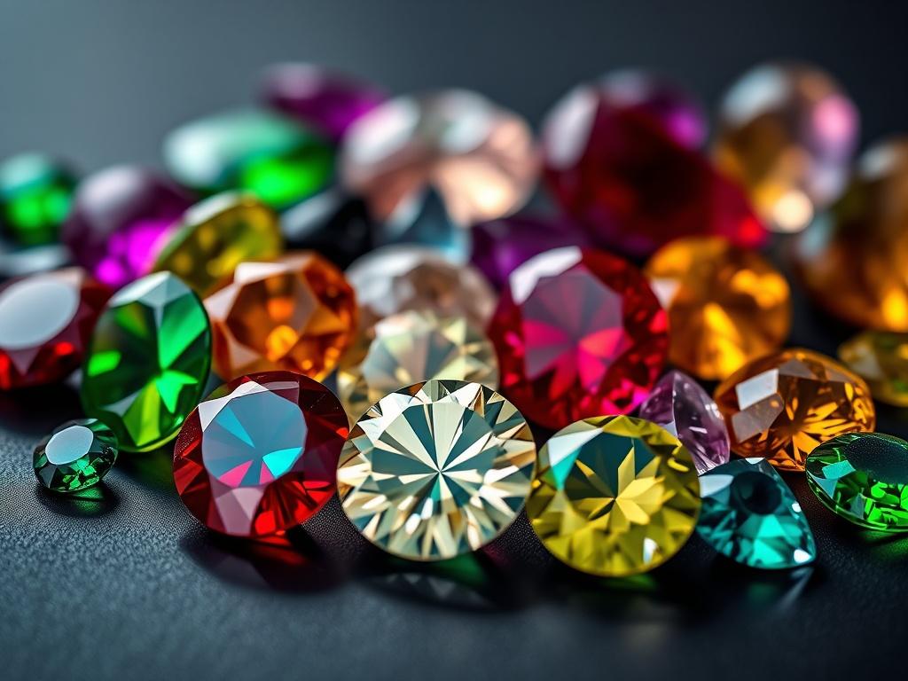 A close-up shot of a stunning rare gem collection, featuring various colorful gemstones such as emeralds, rubies, and sapphires, each displayed on a sleek black surface. The background is softly blurred to emphasize the brilliance and clarity of the gems, showcasing their unique cuts and colors. The lighting highlights the facets of each stone, creating a captivating and luxurious appearance.