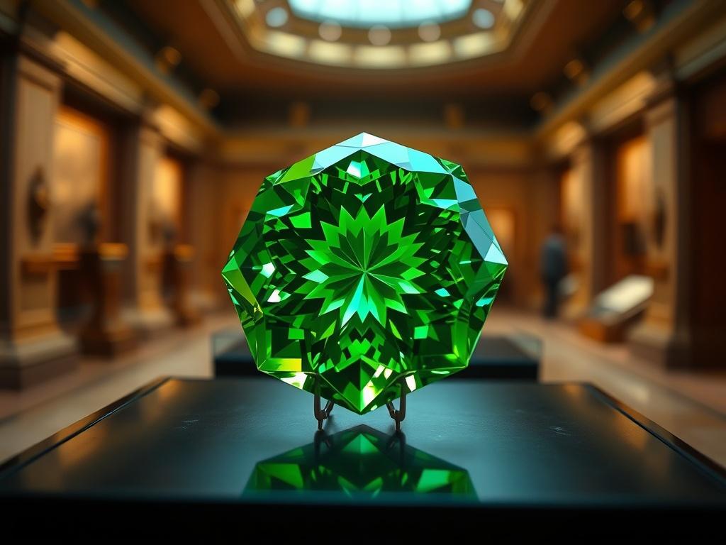 A close-up shot of a beautiful, rare gem displayed in a museum setting. The gem should be the single focus, showcasing its intricate facets and brilliant colors. The background should be softly blurred to emphasize the gem, with a hint of museum lighting that highlights its unique features. The image should be hyper-realistic, rendered in high-resolution, capturing every detail as if viewed through a 45mm f/1.2 lens, with an RGB color palette featuring a vibrant green hue.
