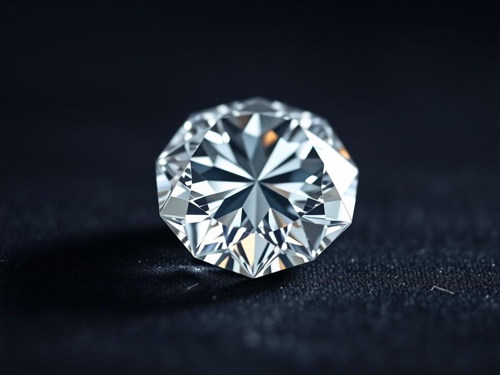 A hyper-realistic close-up shot of a sparkling diamond on a dark velvet background. The diamond should reflect light brilliantly, showcasing its clarity and brilliance. The composition should be simple and focused solely on the diamond, emphasizing its exquisite facets and colors, with a soft bokeh effect in the background that enhances the diamond's beauty.