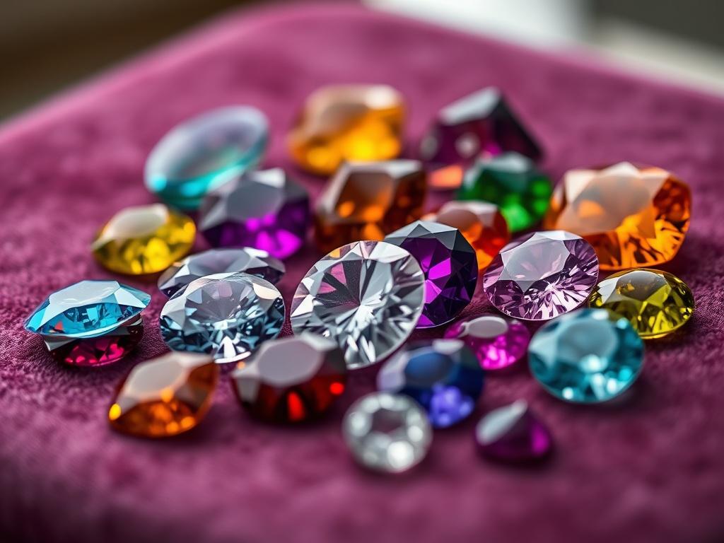 A stunning close-up shot of a rare gemstone collection displayed on a velvet surface. The image captures various shapes and colors of gemstones, showcasing their brilliance and unique characteristics. The lighting highlights the facets and clarity of each stone. The background is softly blurred to focus attention on the gemstones, creating an elegant and luxurious atmosphere.