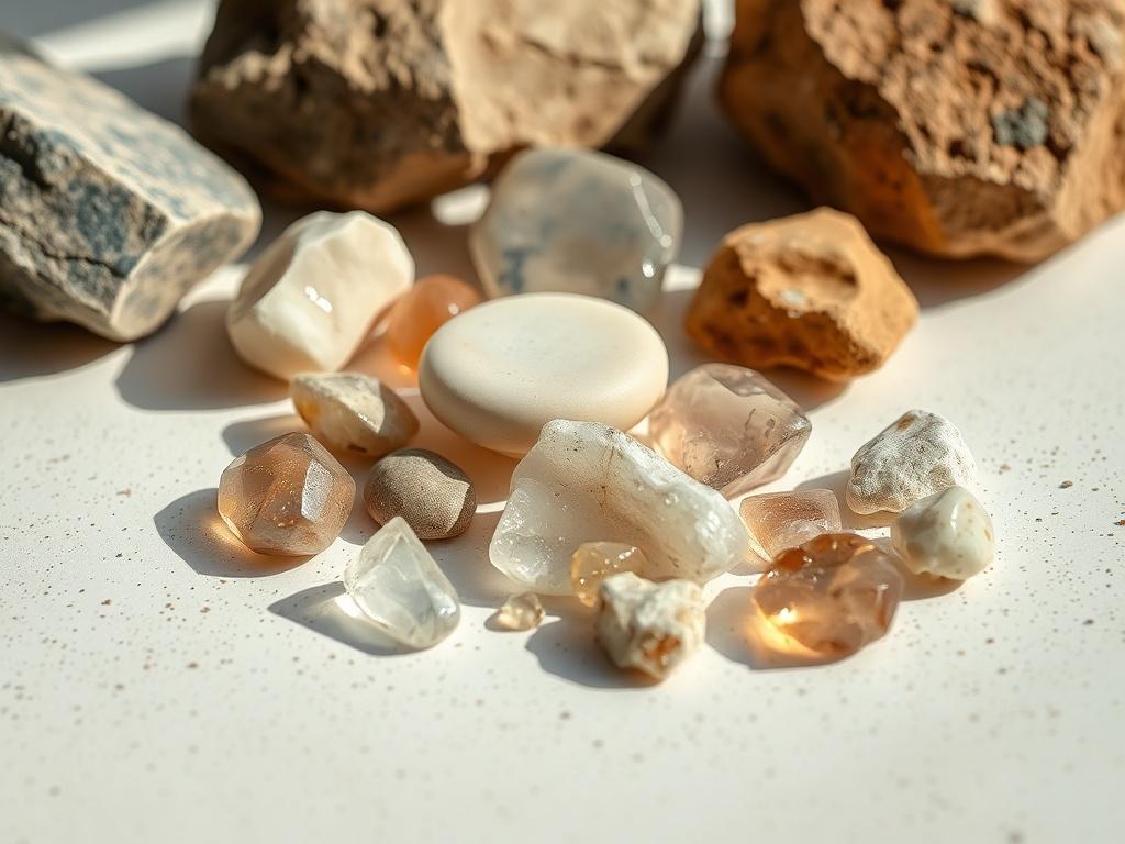 A striking close-up of uncut stones arranged artfully on a light-colored surface. The image captures the raw beauty and natural imperfections of the stones, emphasizing their unique textures and colors. Soft natural lighting enhances the details and adds a warm glow to the scene. The background is minimalistic to ensure the focus remains on the uncut stones, showcasing their potential.