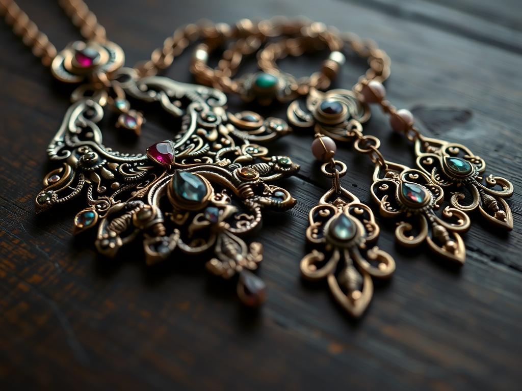 A detailed close-up of exquisite antique jewelry pieces, including a vintage necklace and ornate earrings, displayed on a dark wood table. The intricate designs and craftsmanship are highlighted, with soft lighting enhancing the rich colors of the metals and gemstones. The background features a subtle texture to add depth, drawing the viewer's eye to the stunning jewelry.
