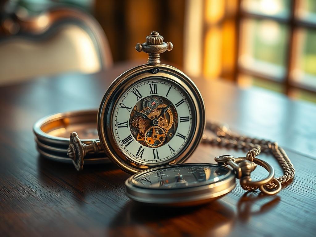 A hyper-realistic close-up shot of a beautifully detailed antique pocket watch resting on an elegant wooden table. The watch should be open, showcasing its intricate gears and craftsmanship, with soft natural light illuminating the piece, highlighting its vintage charm. The background should be softly blurred to keep the focus on the watch, creating a warm and inviting atmosphere.