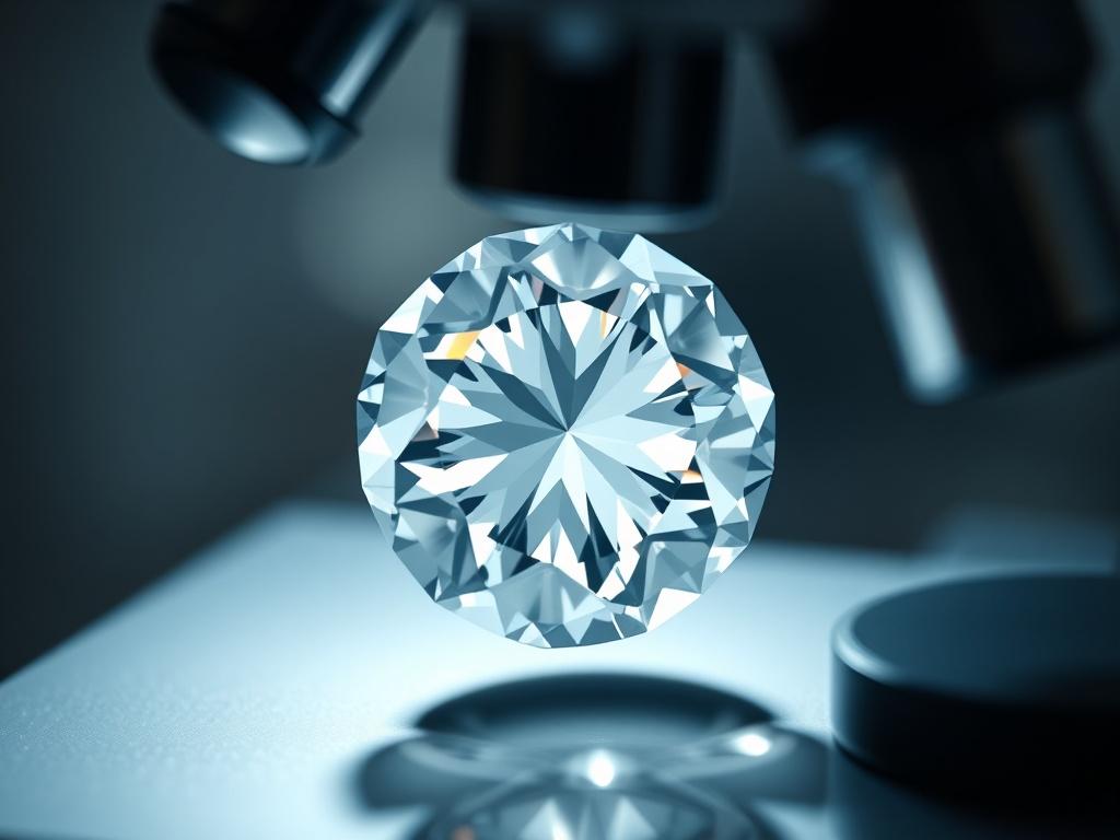 A close-up shot of a lab-grown diamond under a light microscope, showcasing its clarity and brilliance. The background is softly blurred, emphasizing the diamond's facets and shine. The lighting highlights the unique characteristics of the lab-grown stone, with a focus on its intricate details. The image should convey a sense of precision and expertise in gemology, with a color palette that complements the rgb(50, 170, 39) primary color.